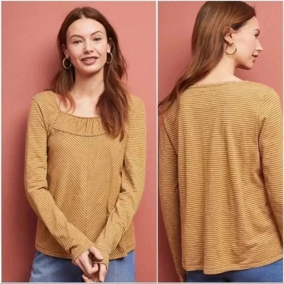 [S] Maeve - Anthropologie white & Mustard  Stripped LS Shirt - Picture 1 of 6